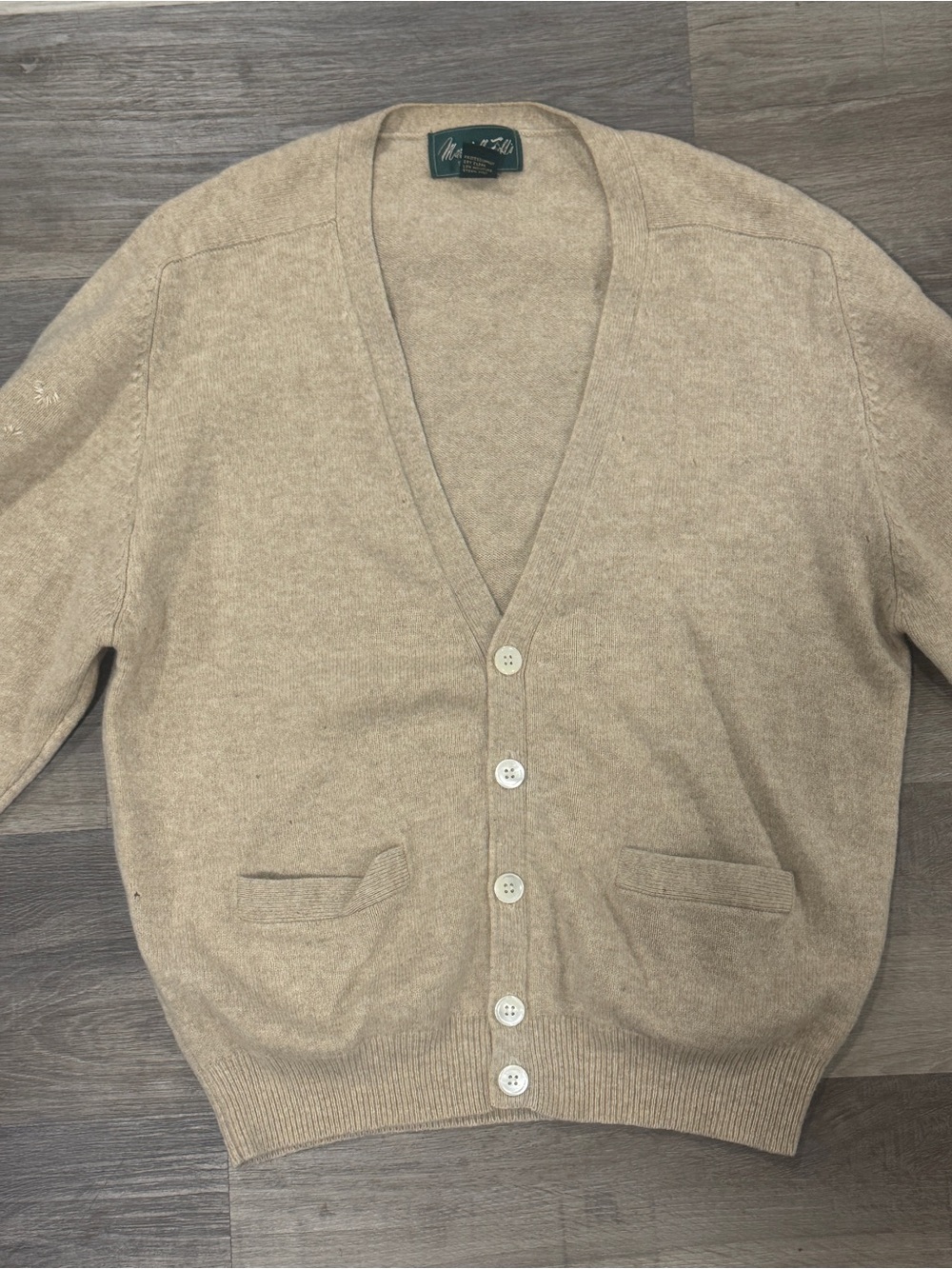 Vintage Marshall Field’s Men's Tan Button 100% Wool V-Neck Cardigan
